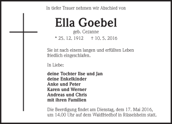 Traueranzeige von Ella Goebel von  Mainspitze
