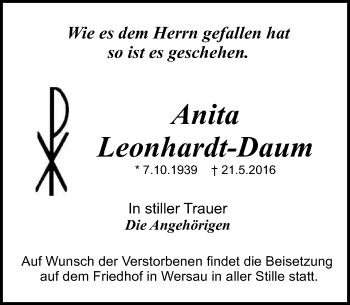 Traueranzeige von Anita Leonhardt-Daum von Trauerportal Echo Online