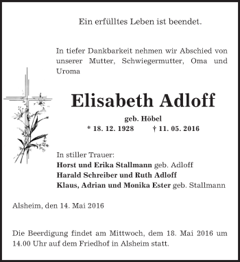 Traueranzeige von Elisabeth Adloff von  Wormser Zeitung