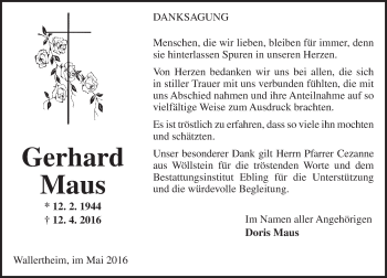 Traueranzeige von Gerhard Maus von  Allgemeine Zeitung Alzey