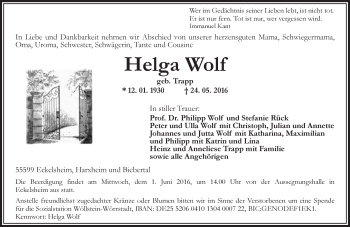 Traueranzeige von Helga Wolf von  Allg. Zeitung Bad Kreuznach