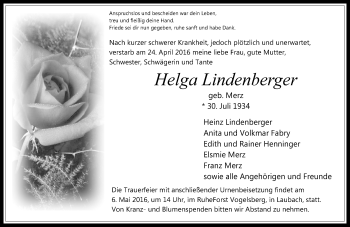 Traueranzeige von Helga Lindenberger von  Gießener Anzeiger