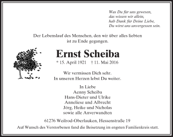 Traueranzeige von Ernst Scheiba von  Usinger Anzeiger Traueranzeige von Ernst Scheiba von  Usinger Anzeiger