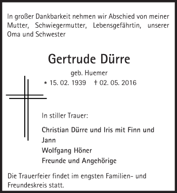 Traueranzeige von Gertrude Dürre von  Allgemeine Zeitung Alzey