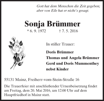 Traueranzeige von Sonja Brümmer von  Allgemeine Zeitung Mainz