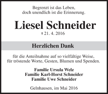 Traueranzeige von Liesel Schneider von  Gelnhäuser Tageblatt