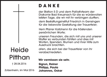 Traueranzeige von Heide Pitthan von  Allgemeine  Zeitung Ingelheim-Bingen