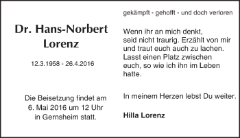 Traueranzeige von Hans-Norbert Lorenz von Trauerportal Echo Online