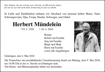 Traueranzeige von Herbert Mündelein von  Gießener Anzeiger