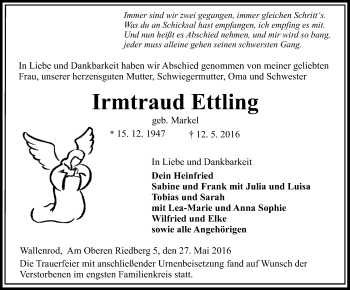 Traueranzeige von Irmtraud Ettling von VRM Trauer