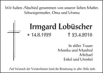 Traueranzeige von Irmgard Lobüscher von  Wiesbaden komplett