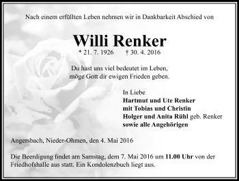 Traueranzeige von Willi Renker von VRM Trauer