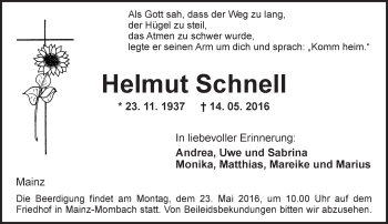 Traueranzeige von Helmut Schnell von  Allgemeine Zeitung Mainz