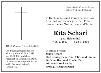 Traueranzeige von Rita Scharf von  Wormser Zeitung