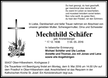Traueranzeige von Mechthild Schaefer von  Allgemeine  Zeitung Ingelheim-Bingen