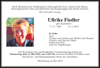 Traueranzeige von Ullrike Fiedler von  Gießener Anzeiger