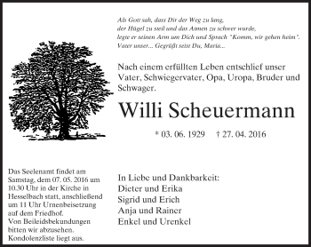 Traueranzeige von Willi Scheuermann von Trauerportal Echo Online