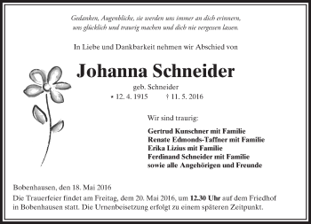 Traueranzeige von Johanna Schneider von  Kreisanzeiger