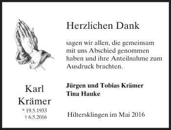 Traueranzeige von Karl Krämer von Trauerportal Echo Online