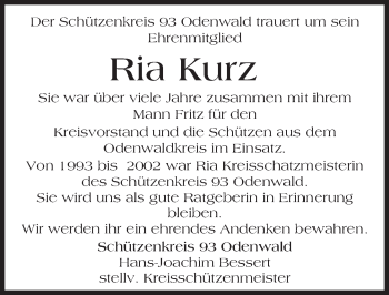 Traueranzeige von Ria Kurz von Trauerportal Echo Online