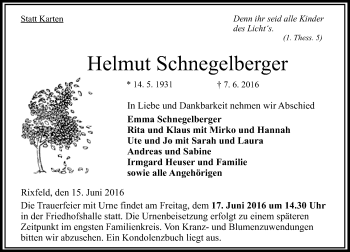 Traueranzeige von Helmut Schnegelberger von VRM Trauer