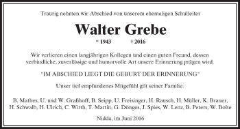 Traueranzeige von Walter Grebe von  Kreisanzeiger