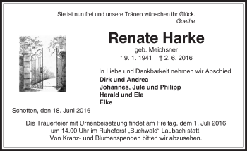 Traueranzeige von Renate Harke von VRM Trauer