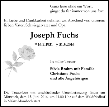Traueranzeige von Joseph Fuchs von  Allgemeine Zeitung Mainz