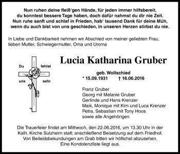 Traueranzeige von Lucia Katharina Gruber von Trauerportal Rhein Main Presse