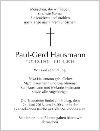 Traueranzeige von Paul-Gerd Hausmann von  Gießener Anzeiger