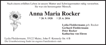 Traueranzeige von Anna Maria Rocker von Trauerportal Rhein Main Presse