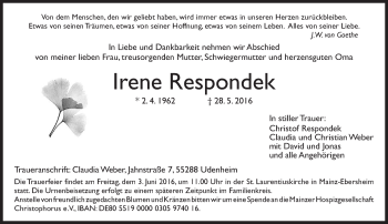 Traueranzeige von Irene Respondek von  Allgemeine Zeitung Mainz