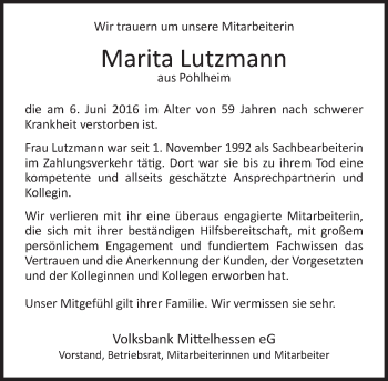 Traueranzeige von Marita Lutzmann von  Gießener Anzeiger