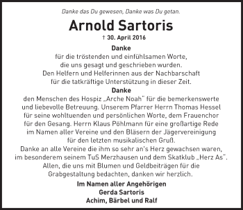Traueranzeige von Arnold Sartoris von  Usinger Anzeiger