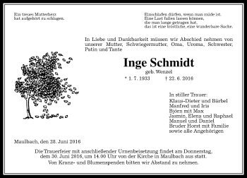 Traueranzeige von Inge Schmidt von VRM Trauer