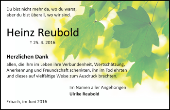 Traueranzeige von Heinz Reubold von Trauerportal Echo Online