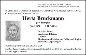 Traueranzeige von Herta Bruckmann von Trauerportal Rhein Main Presse