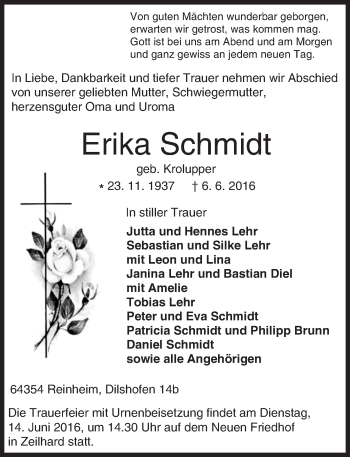 Traueranzeige von Erika Schmidt von Trauerportal Echo Online