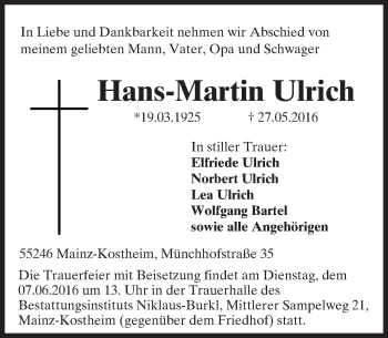 Traueranzeige von Hans-Martin Ulrich von  Allgemeine Zeitung Mainz