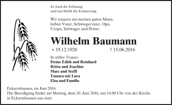 Traueranzeige von Wilhelm Baumann von  Kreisanzeiger