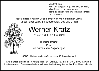 Traueranzeige von Werner Kratz von Trauerportal Rhein Main Presse