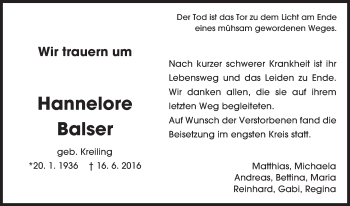 Traueranzeige von Hannelore Balser von  Gießener Anzeiger