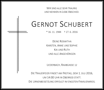 Traueranzeige von Gernot Schubert von VRM Trauer