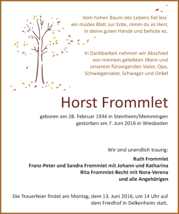 Traueranzeige von Horst Frommlet von  Wiesbaden komplett