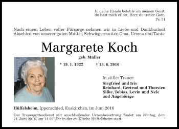 Traueranzeige von Margarete Koch von Trauerportal Rhein Main Presse
