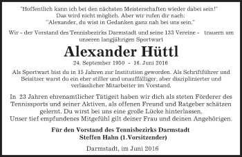 Traueranzeige von Alexander Hüttl von Trauerportal Echo Online