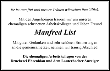 Traueranzeige von Manfred List von VRM Trauer