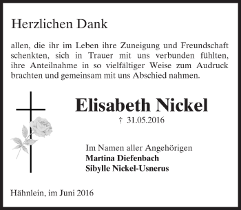 Traueranzeige von Elisabeth Nickel von Trauerportal Echo Online