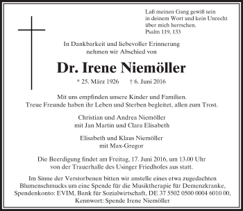 Traueranzeige von Irene Niemöller von  Usinger Anzeiger