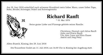 Traueranzeige von Richard Ranft von  Gießener Anzeiger